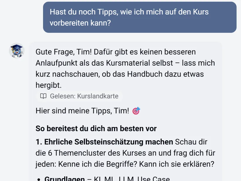 KI-Tutor Selli gibt im Chat Tipps zur Vorbereitung auf den Kurs