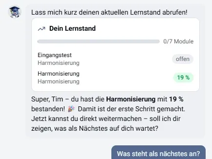 KI-Tutor Selli zeigt im Chat der Lernplattform den aktuellen Lernstand an